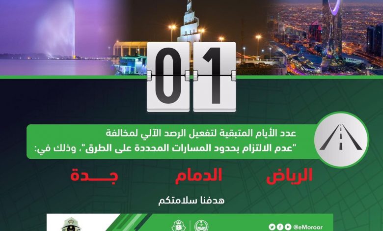 Photo of غذاً بداية الرصد الآلي لمخالفة:عدم الالتزام بحدود المسارات المحددة على الطرق