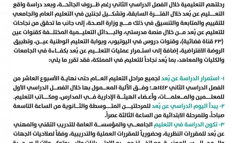 Photo of الدراسة عن بُعد خلال الفصل الدراسي الثاني تستمر حتى 15 شعبان 1442ه‍ـ