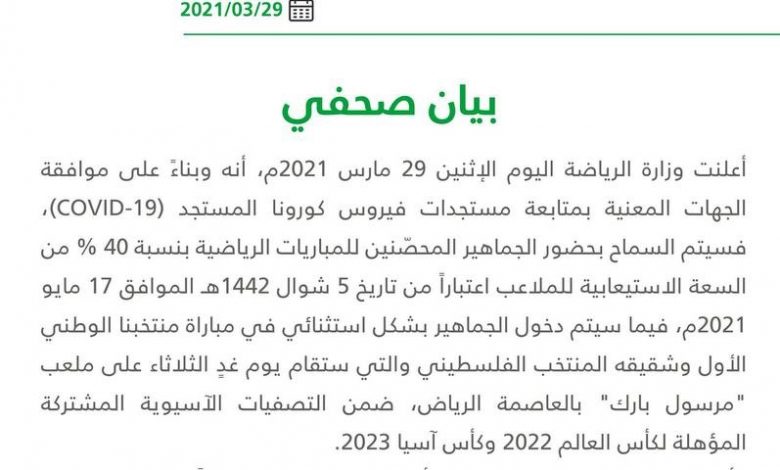 Photo of وزارة الرياضة : السماح بحضور الجماهير (المحصّنين) للمباريات بنسبة 40%