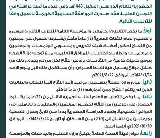 Photo of صدور التوجيه السامي بالموافقة على آليات العودة الحضورية للعام الدراسي 1443هـ