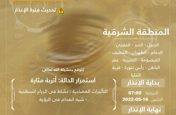 Photo of تحديث فترة الإنذار ..  أتربة مثارة وشبه انعدام في الرؤيه