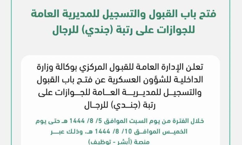 Photo of «الجوازات» تفتح القبول على الوظائف العسكرية للرجال على رتبة جندي