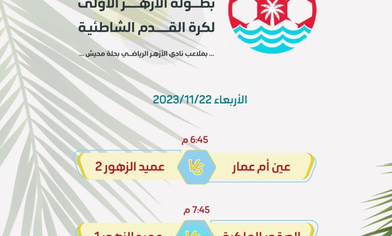 Photo of الليلة.. مباريات حسم المتأهلين لدور الأربعة بشاطئية الأزهر لكرة القدم