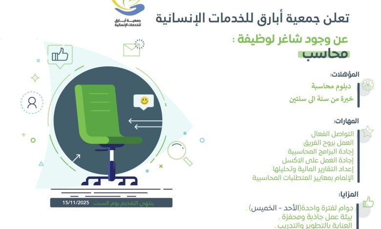 Photo of تعلن جمعية أبارق للخدمات الإنسانية عن وجود شاغر لوظيفة محاسب