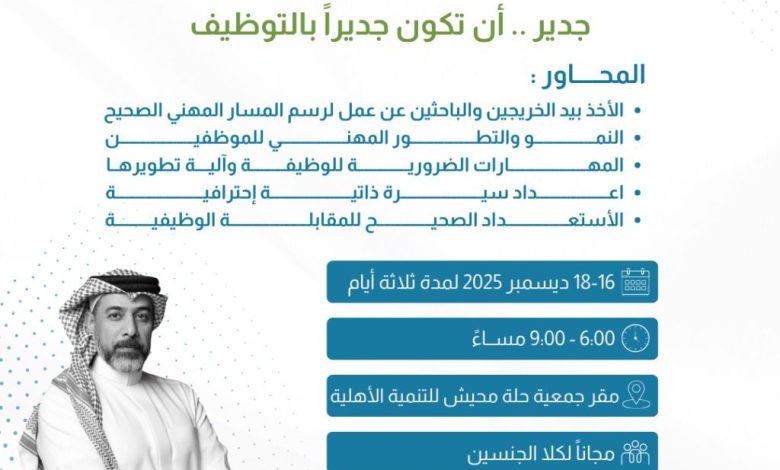 Photo of الليلة بجمعية حلة محيش للتنمية .. برنامج جدير .. أن تكون جديراً بالتوظيف)