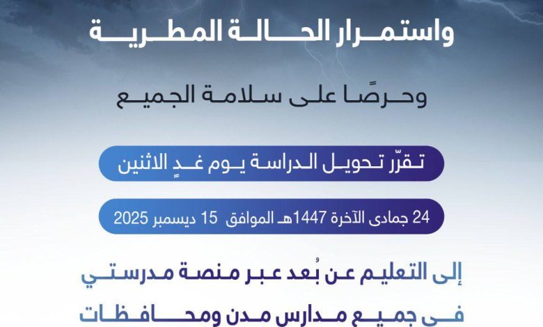 Photo of عاجل .. تعليق الدراسة غدا في المنطقة الشرقية وجعلها عن بعد