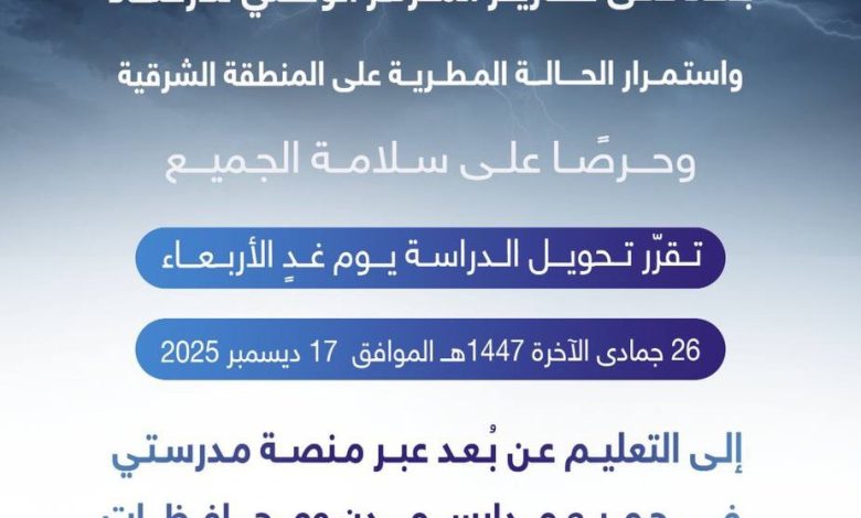 Photo of عاجل .. تعليق الدراسة في الشرقية غدا الأربعاء وجعلها عن بعد